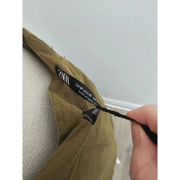 Zara Linen Cotton Blend Slit Faux Button Olive Green Straight Midi Long Skirt M - Picture 11 of 13